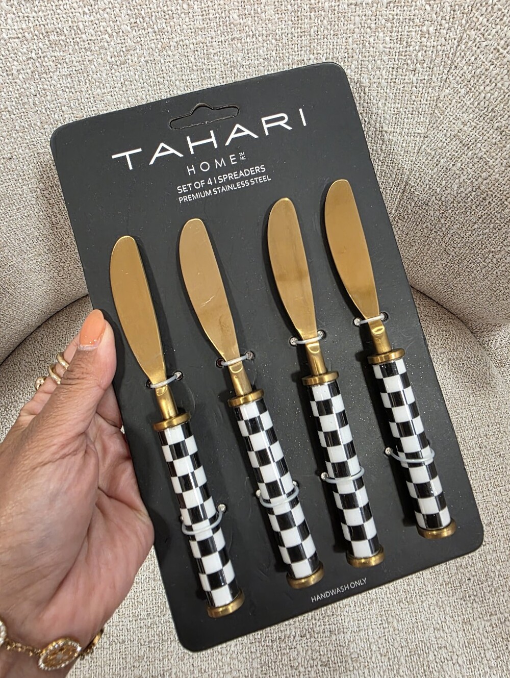 Tahari Black & White Checker Handle Spreader Set with Gold Blades - Set of 4